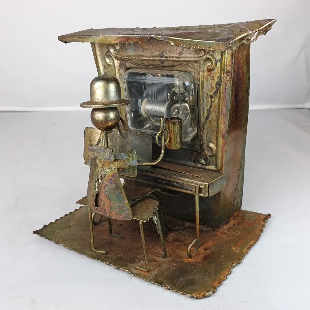 VTG Piano Man Copper Tin Sculpture Music Box Saloon Bar Folk Art PLAYS!